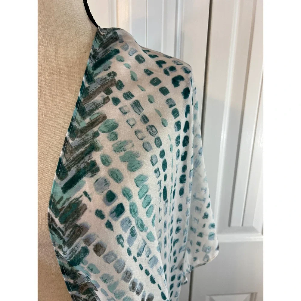 Styline Womens Teal Abstract Print Tassel Trim Kimono Wrap One Size NEW